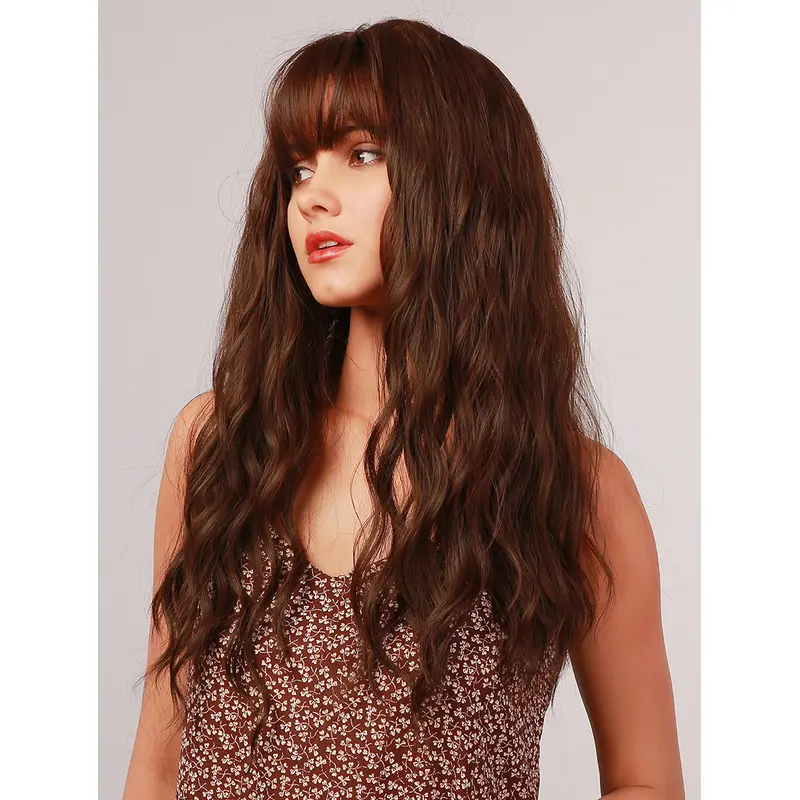 16 Inches Light Brown Wig With Bangs Wavy Synthetic Wig Middle Parting Heat Resistant Hair Wig for Women Girls Cosplay and Daily Wear