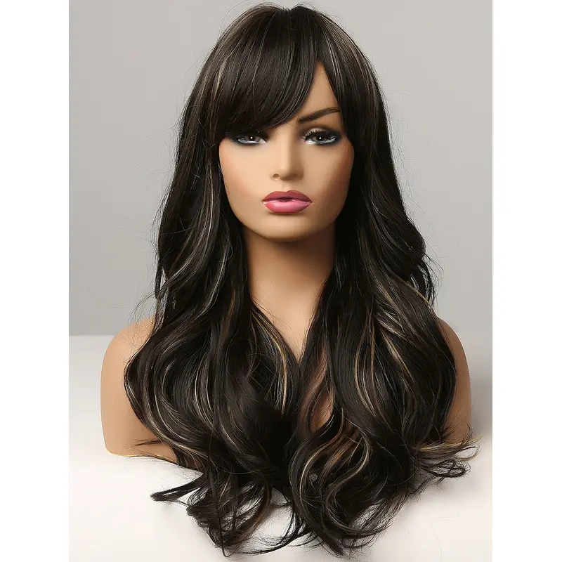 Long Wavy Black Wig with Blonde Highlights with Bangs Heat Resistant Synthetic Wigs Women Cosplay Halloween Fancy Dress Party Daily Wear