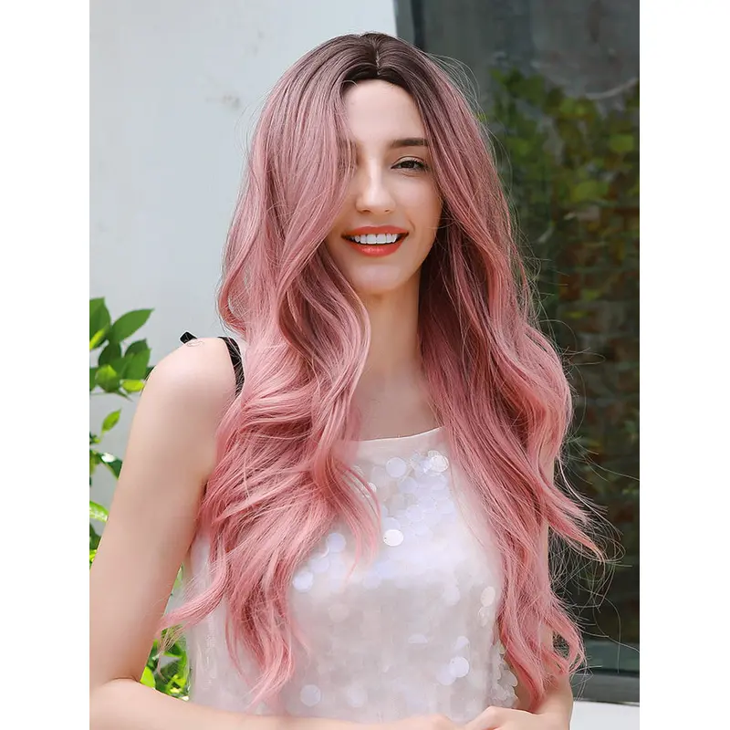 Ombre Pink Wig with Dark Roots Natural Long Wavy Synthetic Wig Middle Parting Heat Resistant Hair Wig for Women Fashion Cosplay Fancy Dress Party Wig
