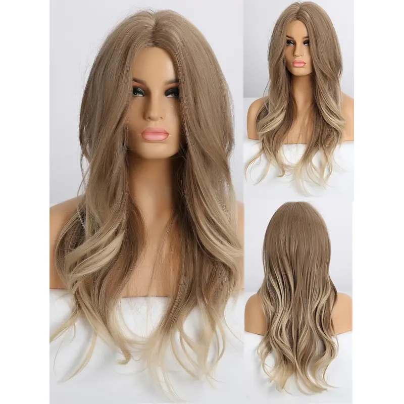 Brown with Blonde Highlights Wig Long Body Wave Synthetic Wig For Women Fashion Middle Part Wig for Cosplay Party