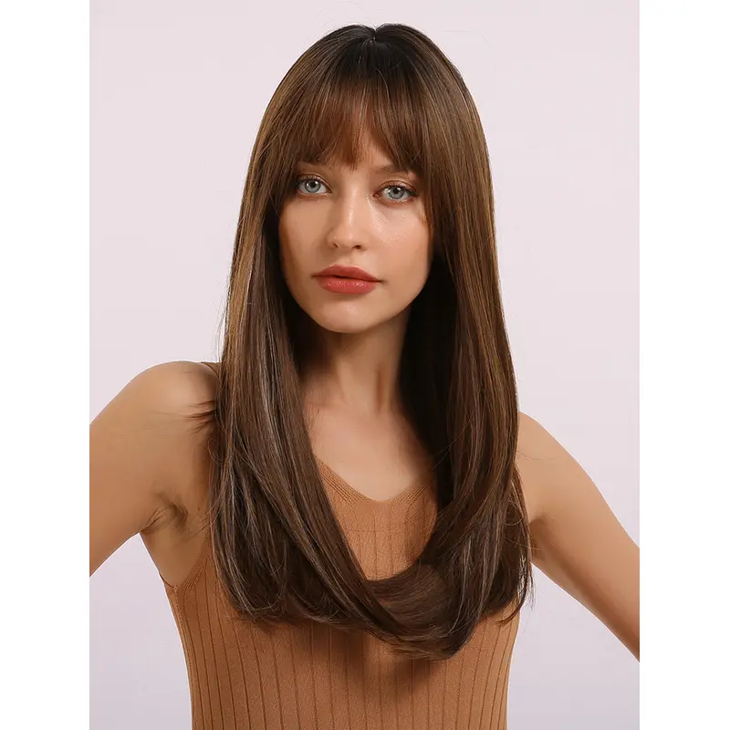 Dark Brown with Dark Roots Wig Natural Straight Dark Brown Wig with Bangs Glueless Layered hairstyle Synthetic Hair Wig for Women Daily Dress
