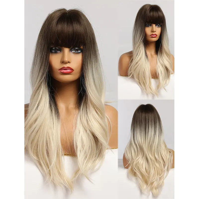 Ombre Dark Brown to Light Blonde Wig Natural Long Wavy Wigs with Bangs Heat Resistant Synthetic Wigs Halloween Wigs for Women