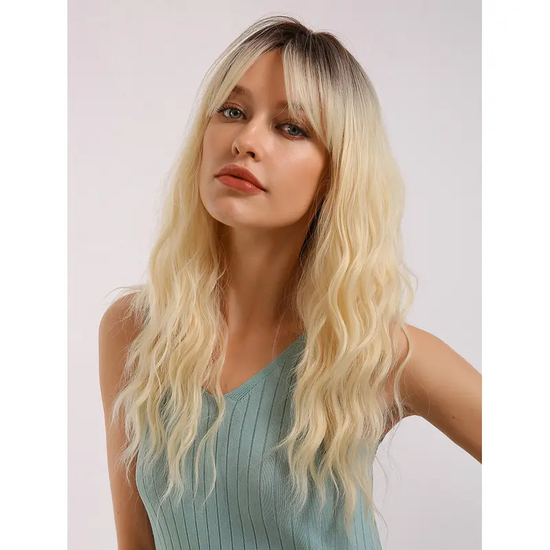 16 Inches Loose Wave Blonde Wigs with Bangs Heat Resistant Synthetic Middle Parting with Dark Roots Wigs Women Cosplay Halloween Fancy Dress Party Daily Wear