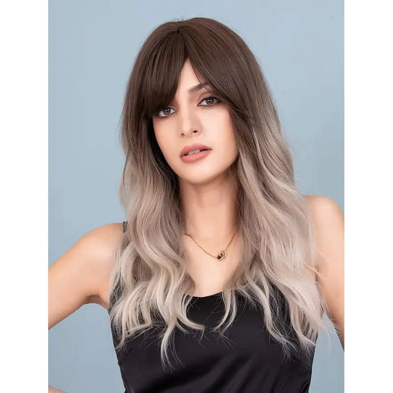 Long Wavy Ombre Wig 16 Inches for Women Brown to Grey Synthetic wig with Bangs Hair Replacement Synthetic Women Full Wig for Girls Daily Wear