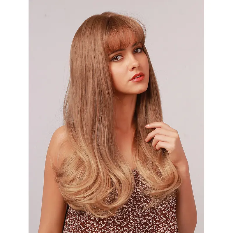 18 Inches Light Brown to Blonde Wig with Bangs Straight Ombre Heat Resistant Synthetic Wigs Women Daily Wear