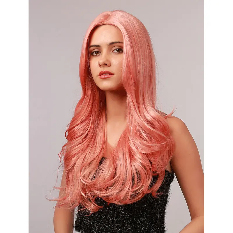 Pink Wig Body Wave Long Synthetic Wig Without Bangs Heat Resistant Hair Wig for Girls Cosplay Halloween Dress Party Wigs