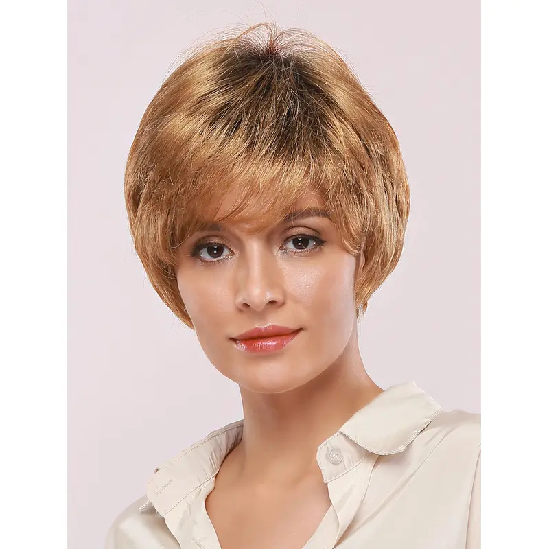 Blonde Bob Wigs with Dark Roots Short Pixie Cut Wigs for Women Straight No Parting Heat Resistant Synthetic Wig for Daily Wear