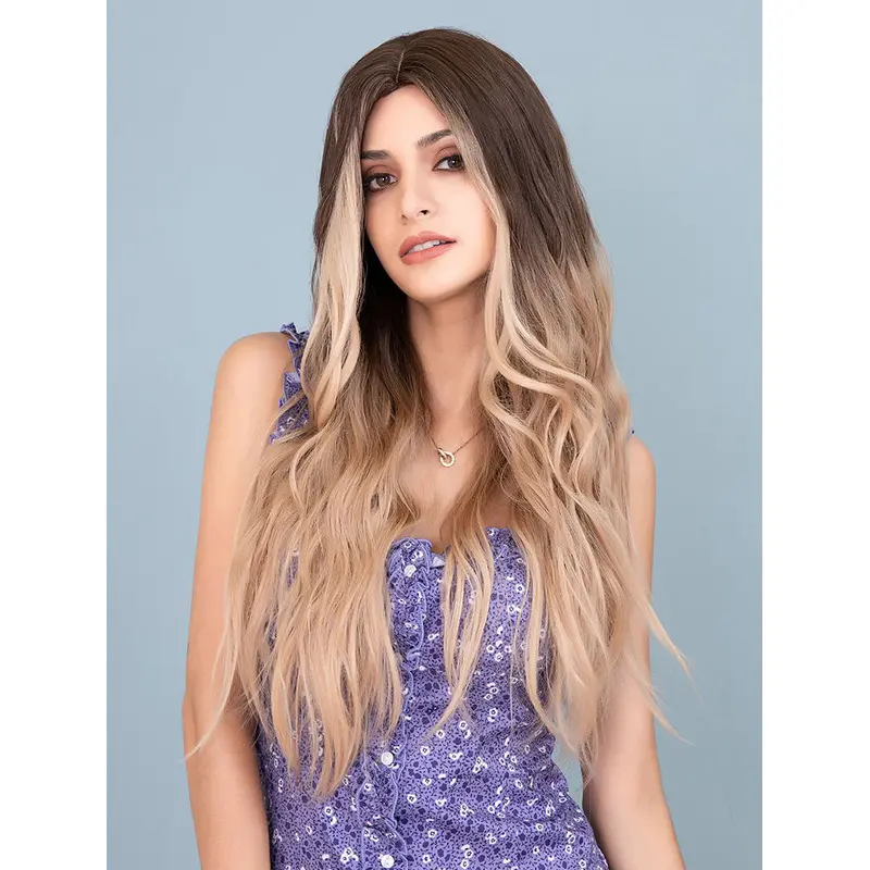 Ombre Blonde Wig with Dark Brown Roots Natural Loose Wave Synthetic Wig Middle Parting Heat Resistant Hair Wig for Women Girls Daily Wear