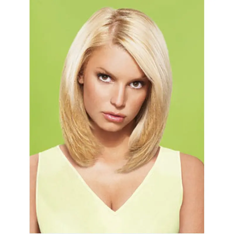 Jessica Simpson Delicate Contemporary 100% Human Remy Hair Short Layered Straight Glueless Lace Front Bob Wig about 12 Inches
