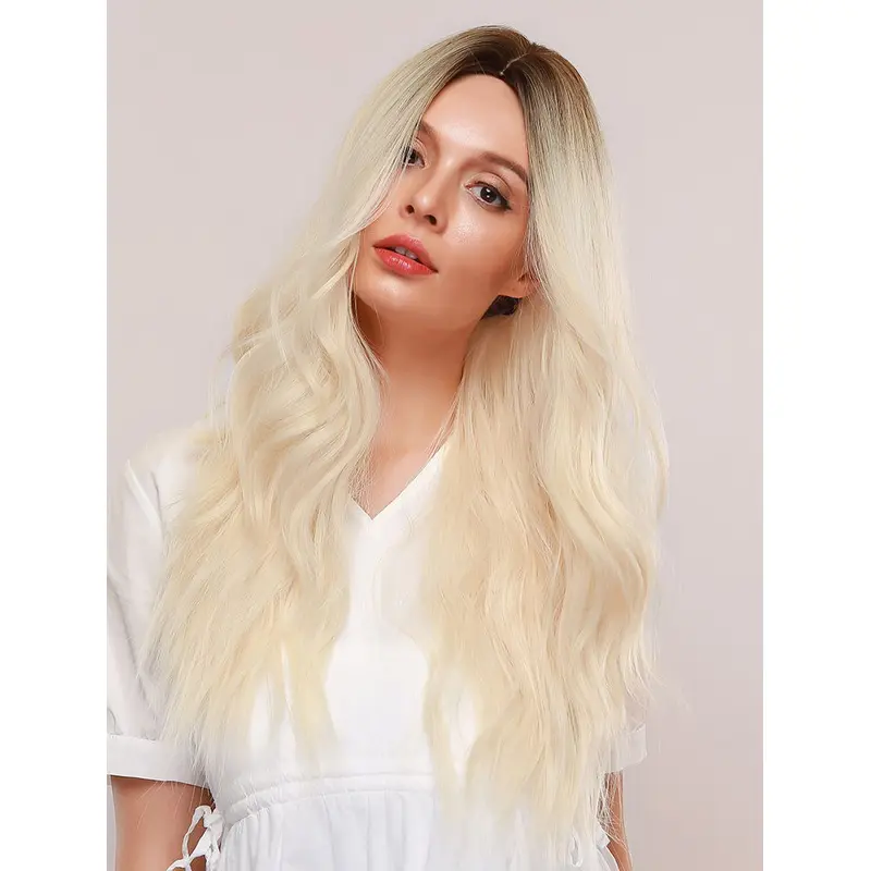 Ombre Platinum Blonde Wig with Dark Roots Long Loose Wave Synthetic Wig Middle Parting Heat Resistant Hair Wig for Women Girls