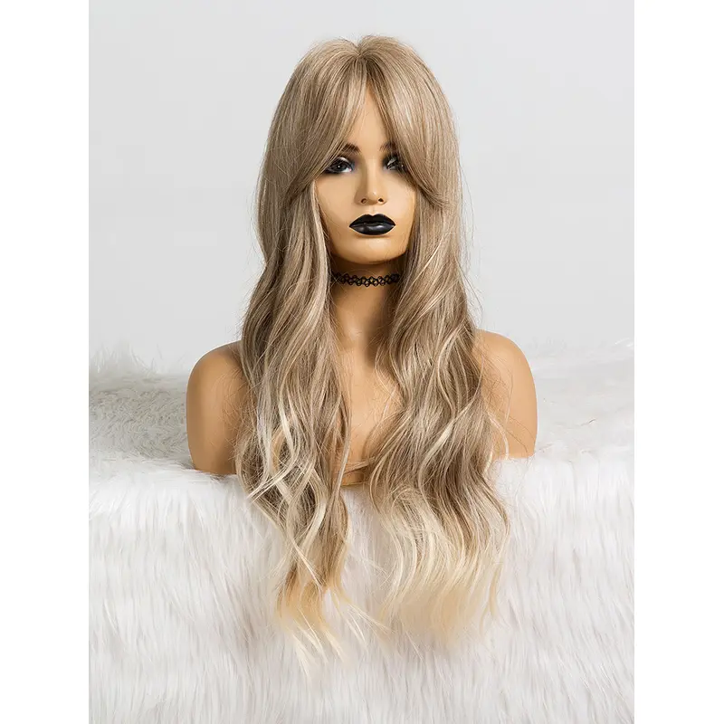 Women's Light Brown Wig with Highlights Long Body Wave Synthetic Wig with Bangs Cosplay Halloween Dress Party Wigs
