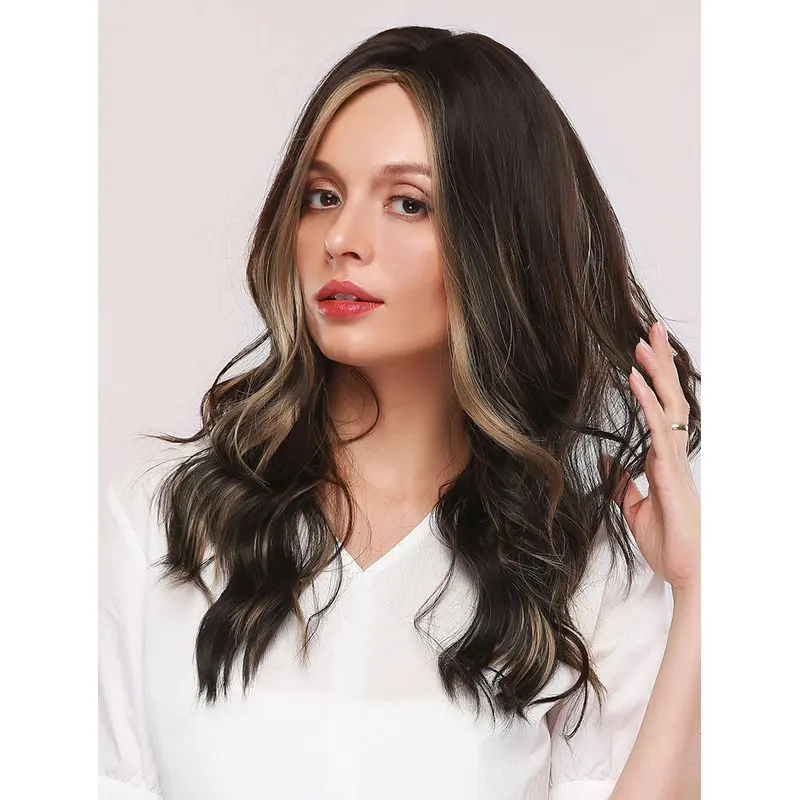 Natural Black with Brown Highlights Long Loose Wave Synthetic Wig Middle Parting Heat Resistant Hair Wig for Women Girls
