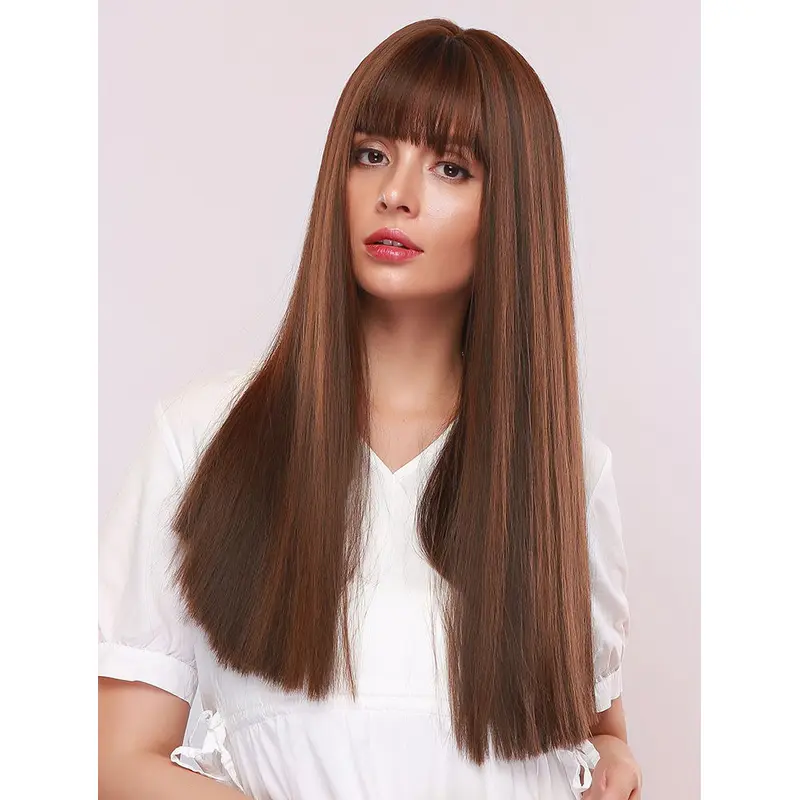 Natural Brown with Highlights Long Straight Synthetic Wig With Bangs Heat Resistant Hair Wig for Women Girls