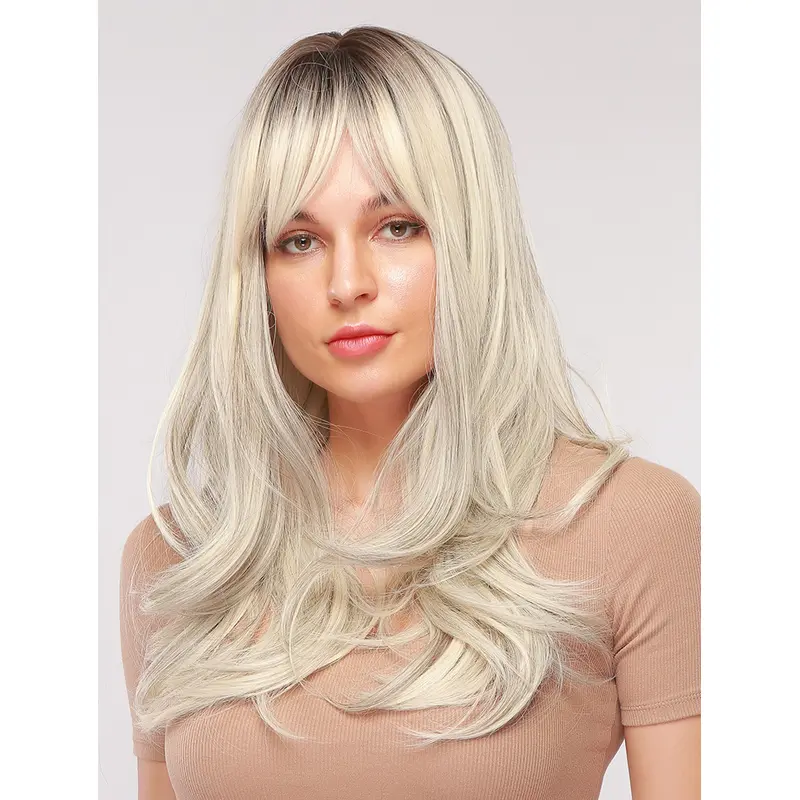 Natural Long Grey Wig Platinum Blonde Wavy Wig with Bangs Synthetic Wig with Dark Roots for Women Cosplay Halloween Fancy Dress Party