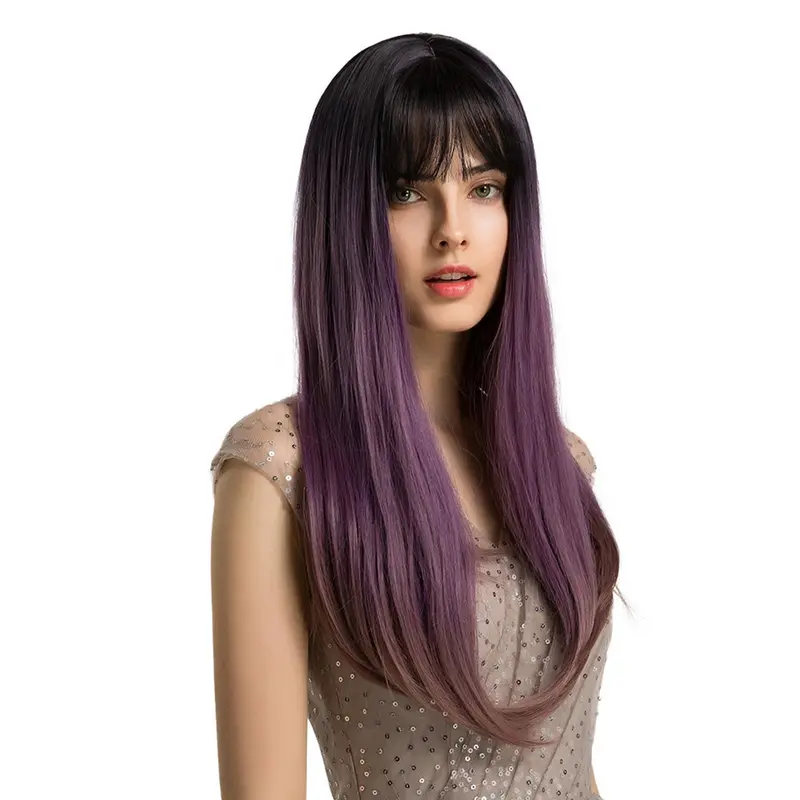 Purple with Dark Roots Wig Long Straight Synthetic Wig for Women Fashion Middle Part Wig for Cosplay Party