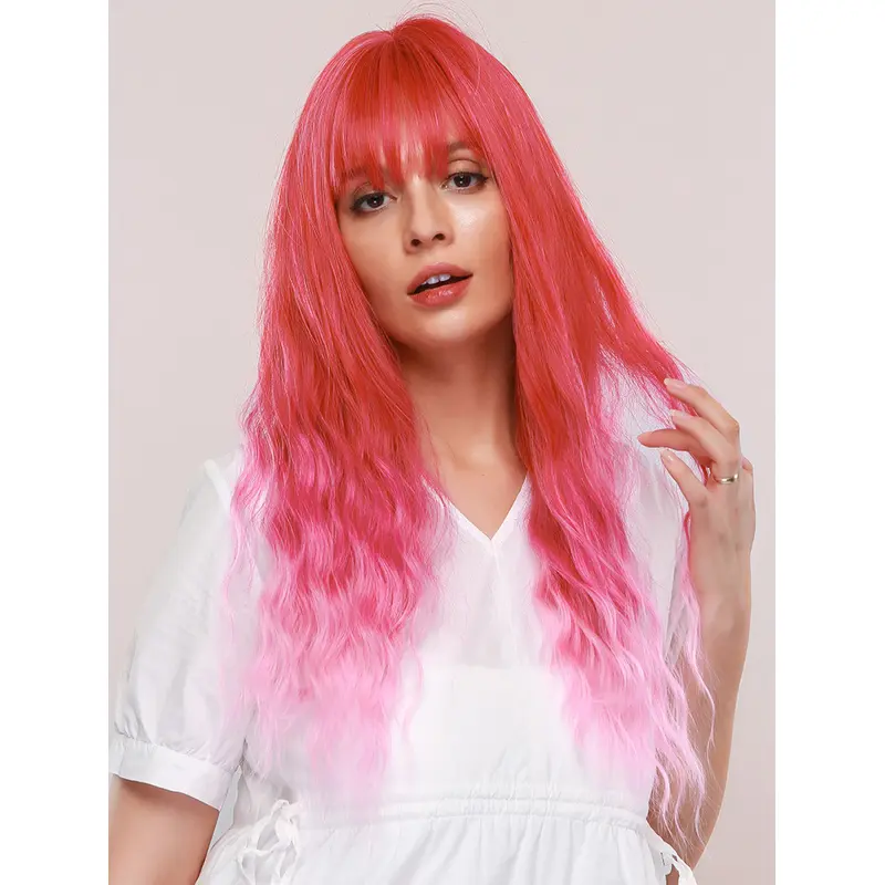 Ombre Red to Light Pink Natural Long Wave Wigs With Bangs Heat Resistant Synthetic Wigs Halloween Wigs for Women