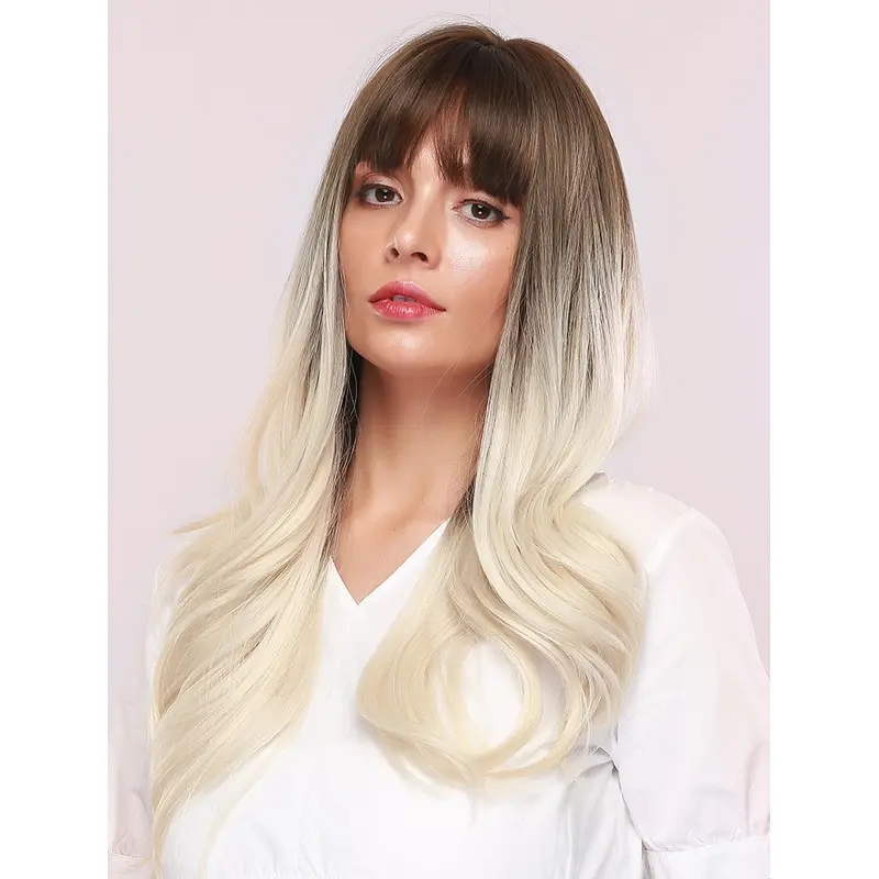 Ombre Brown to Light Blonde Wig Long Wave Wig with Middle Bangs Natural Full Synthetic Hair Wig 18 Inches