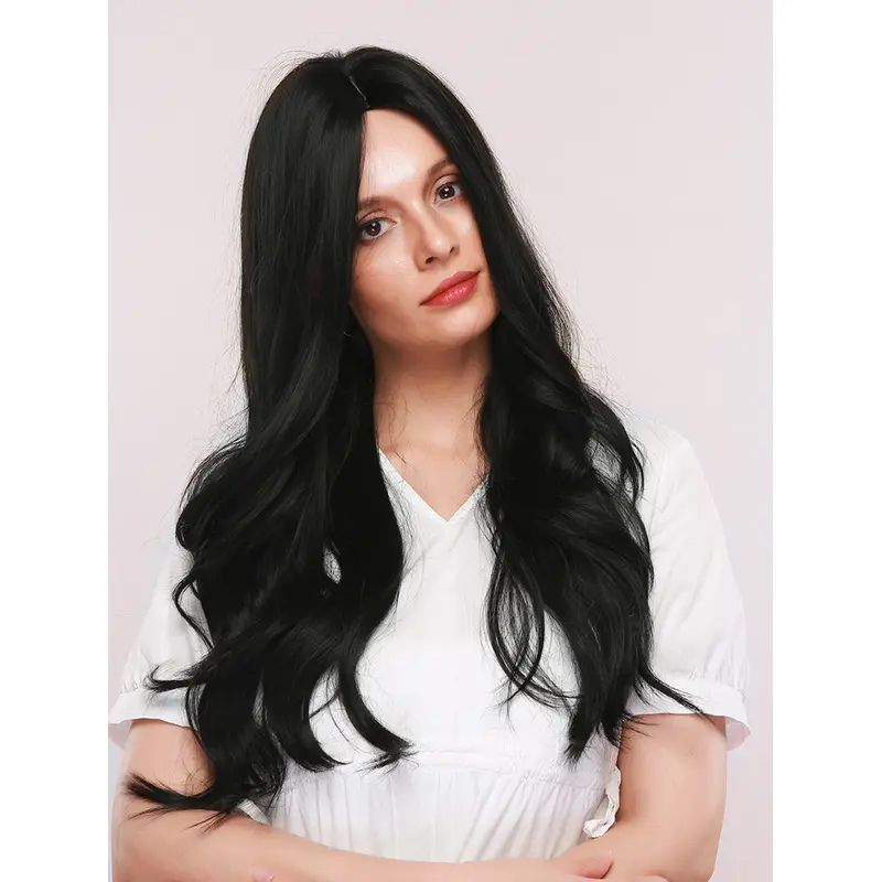 24 Inches Black Loose Wave Wigs Natural Long Middle Parting without Bangs Heat Resistant Hair Wigs Full Wig Daily Wear for Women