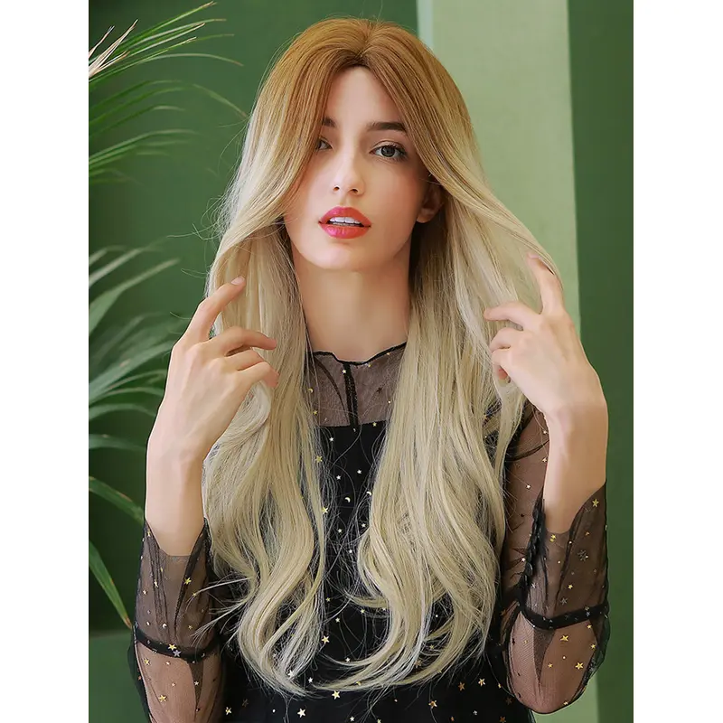 24 Inches Loose Wave Golden to Light Blonde Wigs without Bangs Heat Resistant Synthetic Middle Parting Wigs Women Cosplay Halloween Fancy Dress Party Daily Wear