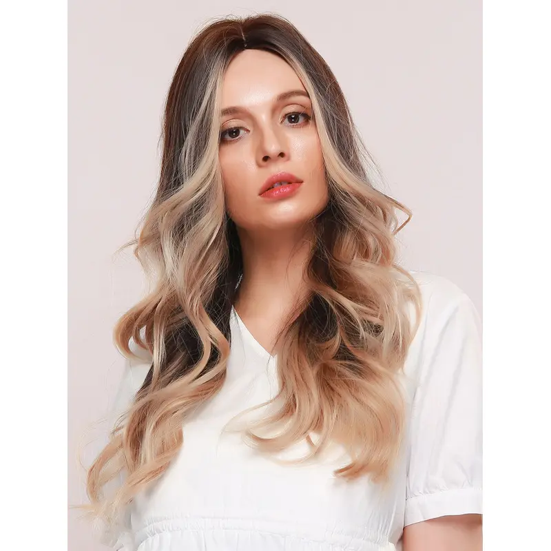 Long Wavy Ombre Dark Brown to Light Blonde Wig Without Bangs Synthetic Wig for Dating Halloween Fancy Dress Party Daily Wear