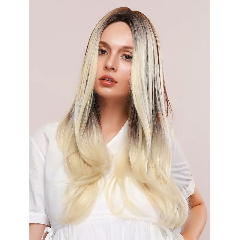Platinum Blonde Wig with Dark Brown Highlights Long Wave Synthetic Wig Middle Parting Heat Resistant Hair Wig for Women Girls