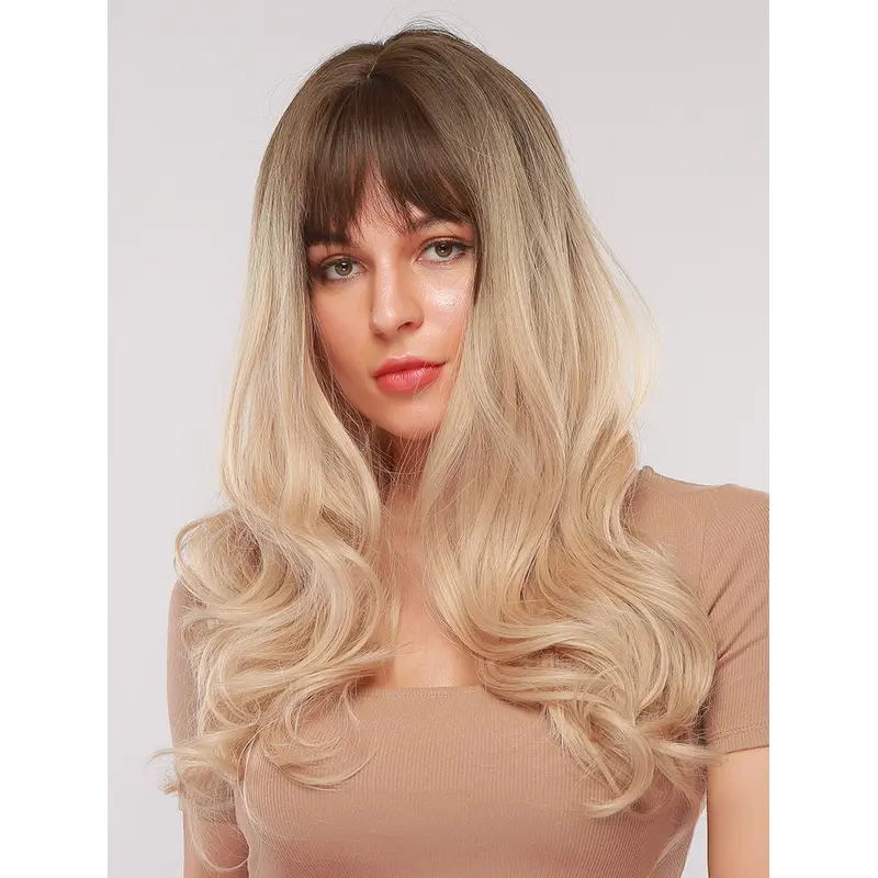 Long Platinum Blonde Wig Natural Wavy Wig with Fringes Synthetic Wig with Dark Roots for Women Cosplay Halloween Fancy Dress Party 20 Inches