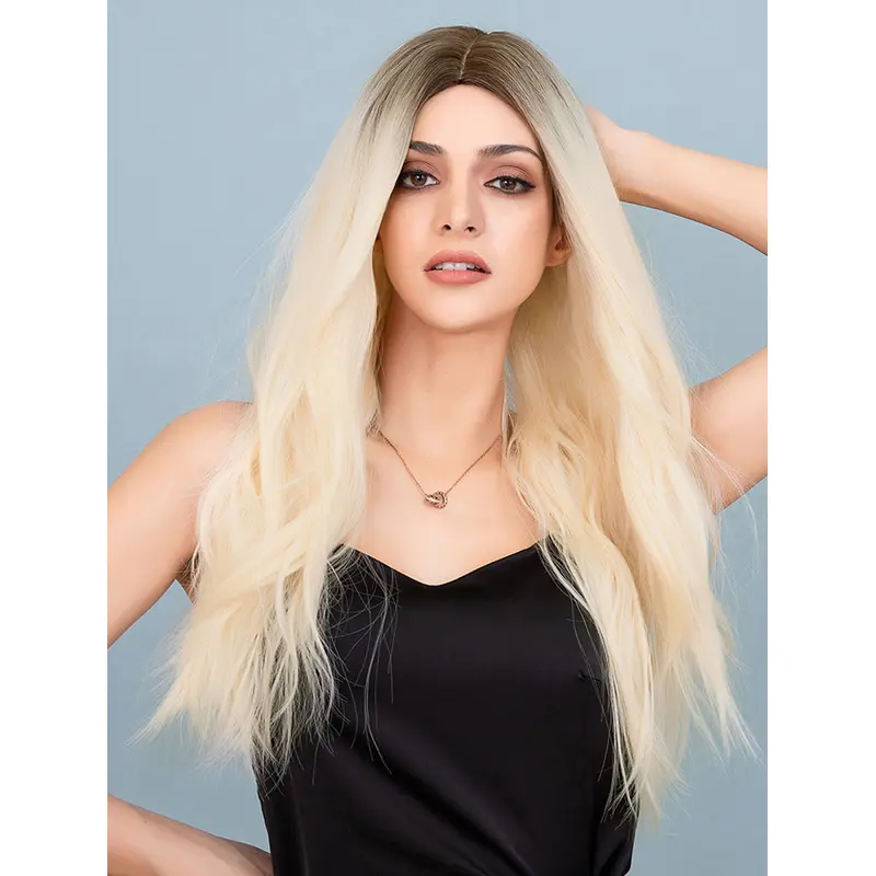 Long Wavy Wig Ombre Platinum Blonde Wigs with Brown Roots Without Bangs Heat Resistant Synthetic Wig for Cosplay Halloween Fancy Dress Daily Wear