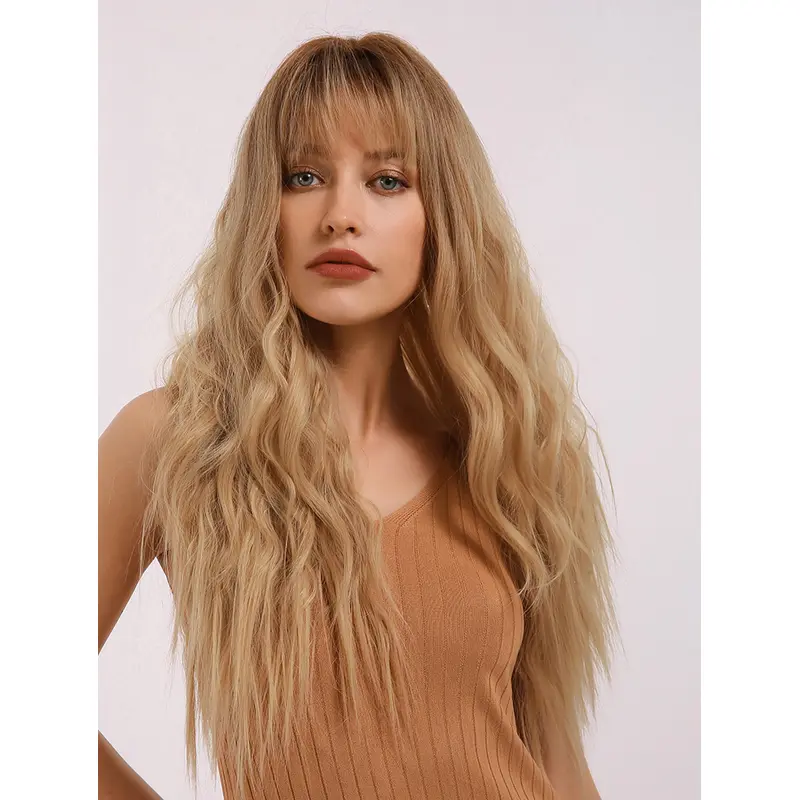 Ombre Blonde Long Loose Wavy Wig with Bangs Stylish No Parting Hair Replacement Synthetic Women Full Wig for Girls Daily Wear 24 Inches