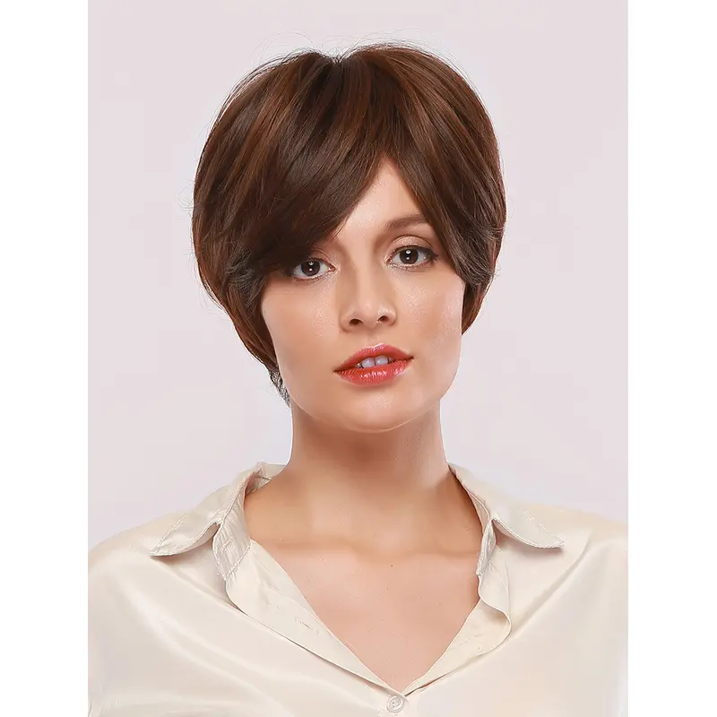 Pixie Cut Wigs for Women Brown Short Straight Bob Wig with Highlights Heat Resistant Synthetic Wig for Daily Wear