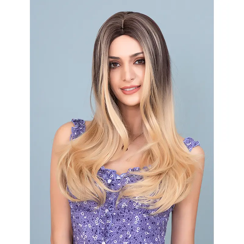 Black to Blonde Wavy Wigs Long Wavy Wig without Fringes Stylish Middle Parting Hair Replacement Synthetic Women Full Wig for Girls Daily Wear
