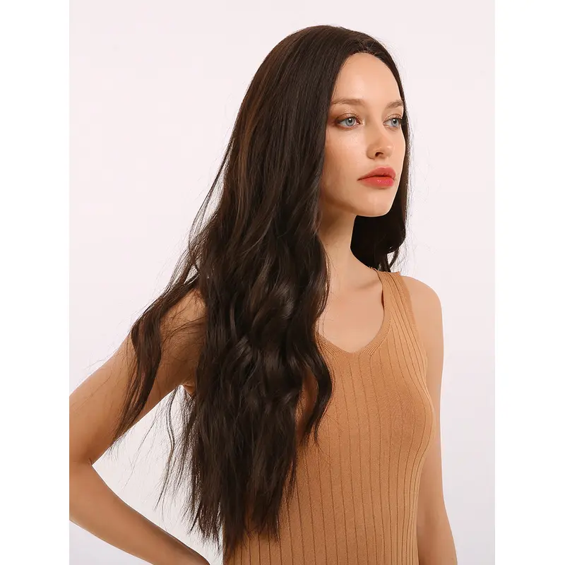 Dark Brown Wig without Bangs Natural Long Loose Wave Heat Resistant Synthetic Wig for Women Cosplay Halloween Dress Party Wigs