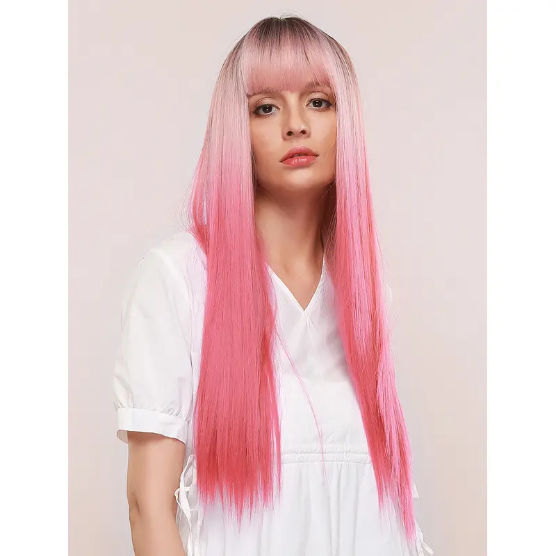 Ombre Pink with Dark Brown Roots Wig With Bangs Naturalt Long Silky Straight Wigs Heat Resistant Synthetic Wigs Halloween Wigs for Women