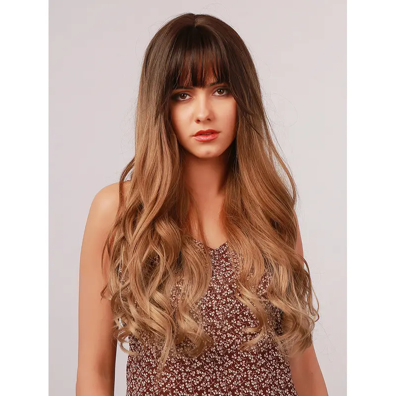 Long Brown to Blonde Wig with Dark Roots Middle Parting with Fringe Ombre Synthetic Heat Resistant Hair Wigs for Women Daily Wear