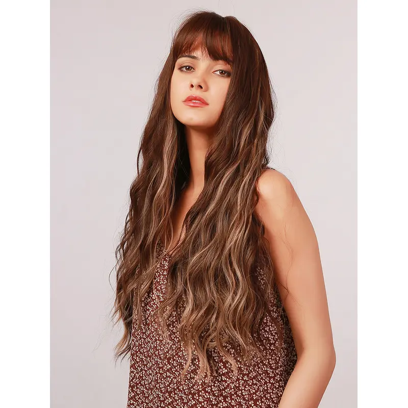 Long Brown Wig with Highlights Losse Wave Synthetic Wig No Parting Heat Resistant Hair Wig for Women Girls