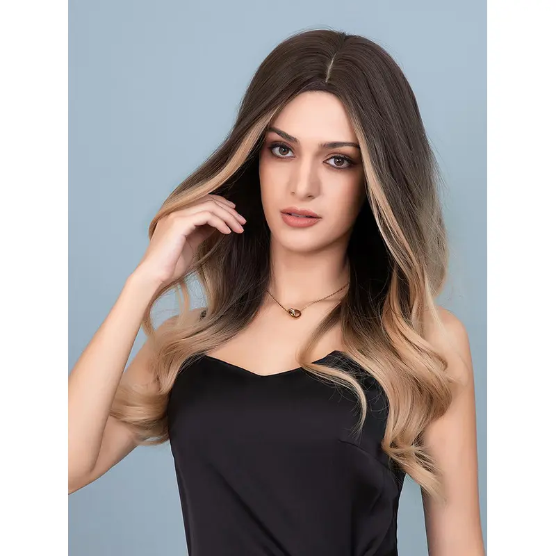 Ombre Black to Orange Wig Natural Long Body Wavy Synthetic Heat Resistant Hair Wig for Women Girls