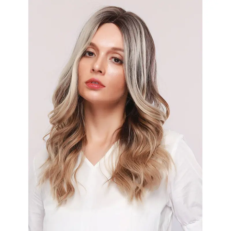 Ombre Brown with Highlights Long Wave Synthetic Wig Middle Parting Heat Resistant Fashion Hair Wig for Women Girls