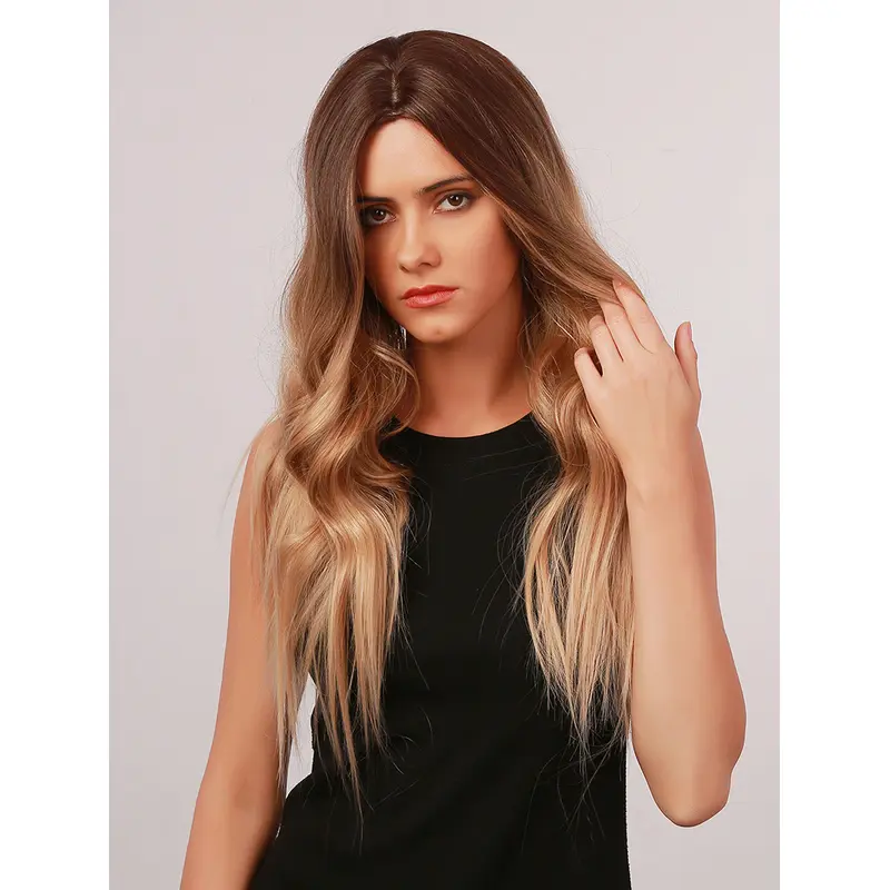 Women Dark Brown to Blonde Wig without Bangs Long Ombre Wigs Middle Parting Heat Resistant Synthetic Wigs for Costume Party Wig