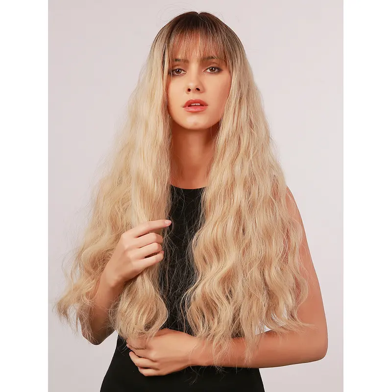 Long Blonde Wig With Dark Roots Loose Wave Synthetic Ombre Wig with Friges Middle Parting Heat Resistant Hair Wig