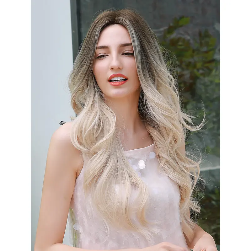 Natural Loose Wave Synthetic Wig Long Brown to Platinum Blonde Heat Resistant Hair Wigs without Bangs for Women Fashion Cosplay Fancy Dress Party Wig or Daily Wear