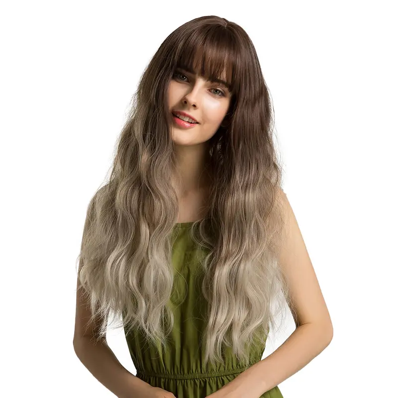 Long Wavy Ombre Dark Brown to Light Blonde Wigs with Bangs Heat Resistant Synthetic Hair Wigs for Women Cosplay Halloween Fancy Dress Party Daily Wear