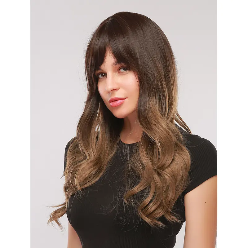 Ombre Dark Brown to Light Brown Wig Natural Long Wave Heat Resistant Synthetic Wig with Bangs for Women Cosplay Halloween Dress Party Wigs