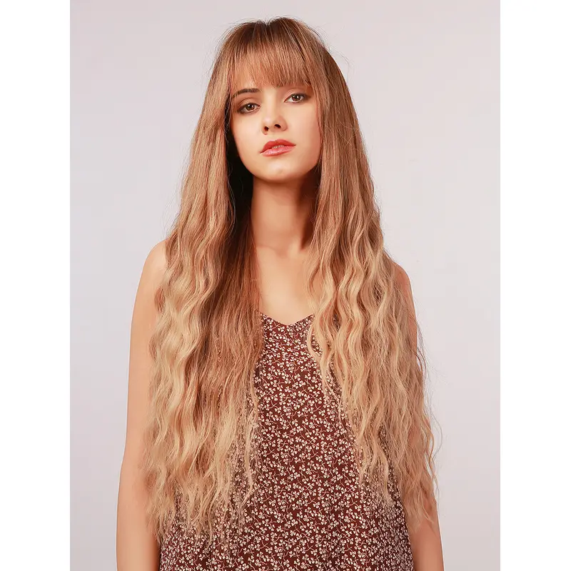 Blonde to Platinum Blonde Wig Long Wavy Synthetic Wig With Fringe Heat Resistant Hair Wig for Women and Girls