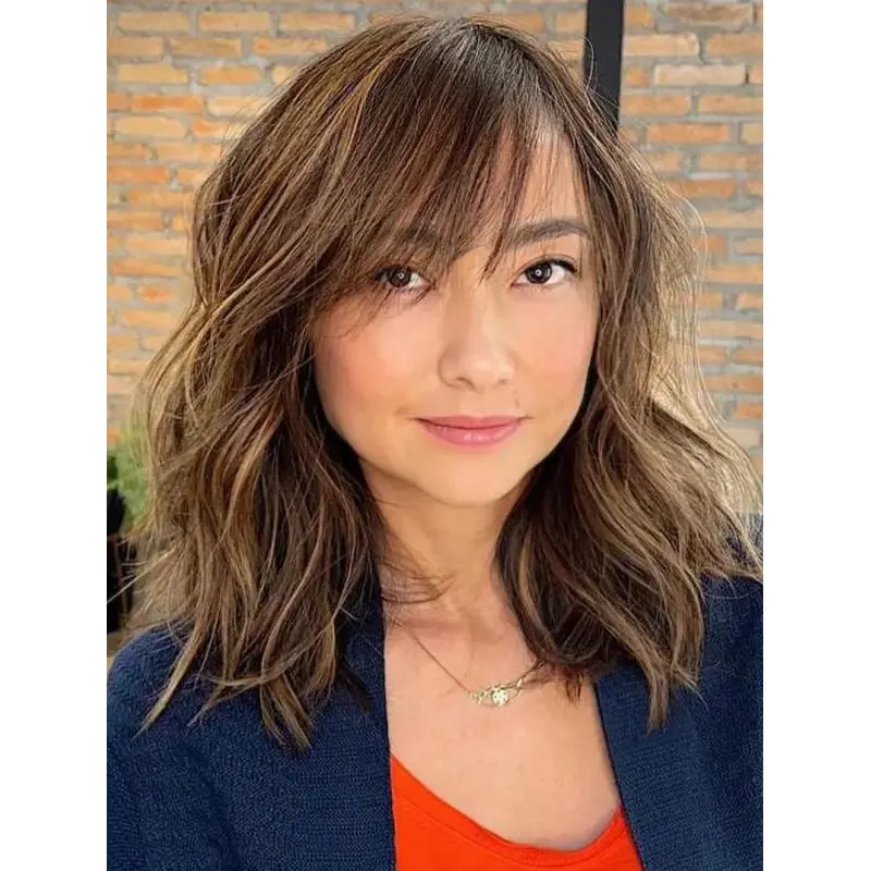 Shoulder Length Wigs With Bangs Lace Front Synthetic Wavy Brown Side-Swept Bangs Wigs
