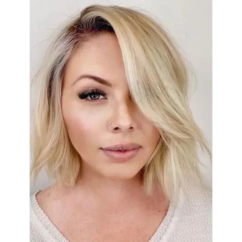 Bargain Lace Wigs Blonde Synthetic Shoulder Length Wavy Fashionable Deep Side Part Wigs