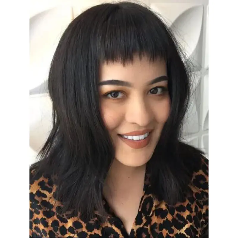 Cheap Black Wigs Straight Synthetic Lace Front Shoulder Length Choppy Baby Bangs Wigs