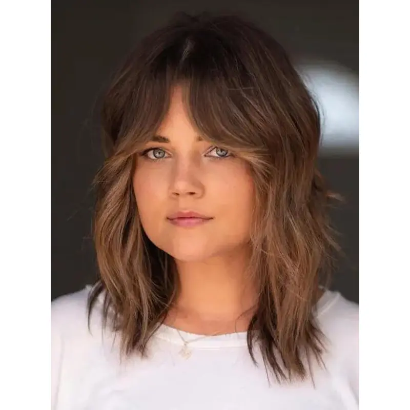 Lace Front Wigs With Fringe Brown Synthetic Shoulder Length Wavy New Modern Shag Wigs