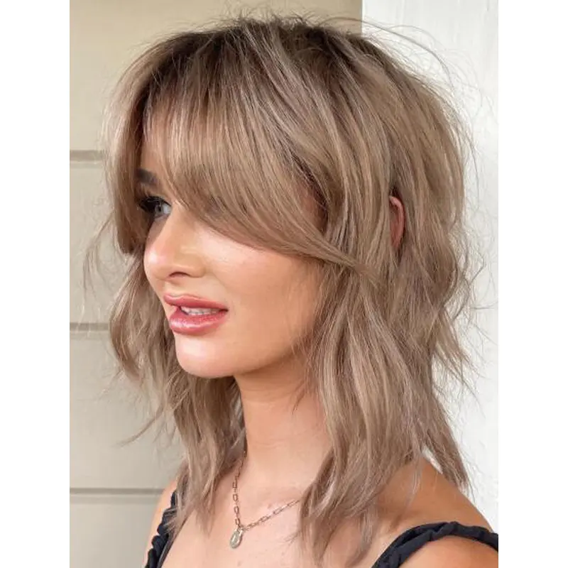 Blonde Lace Front Wigs Synthetic Style Layered Wavy Shoulder Length Curtain Bangs Wigs