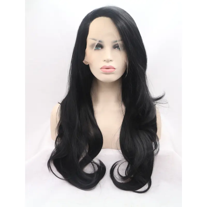 Synthetic Lace Front 27" Wavy Black Layered Long Wigs