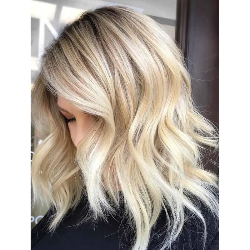 Synthetic Lace Front Wigs Gorgeous Without Bangs Wigs Wavy Shoulder Length Blonde Wigs