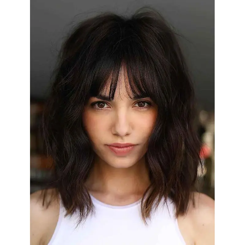 Lace Wigs Wavy Synthetic Wigs Brown Shoulder Length Without Bangs Wigs Lace Front Wigs